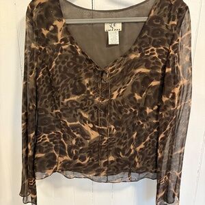 Silk Chiffon Olive, Taupe, and Brown Leopard Print Blouse XL